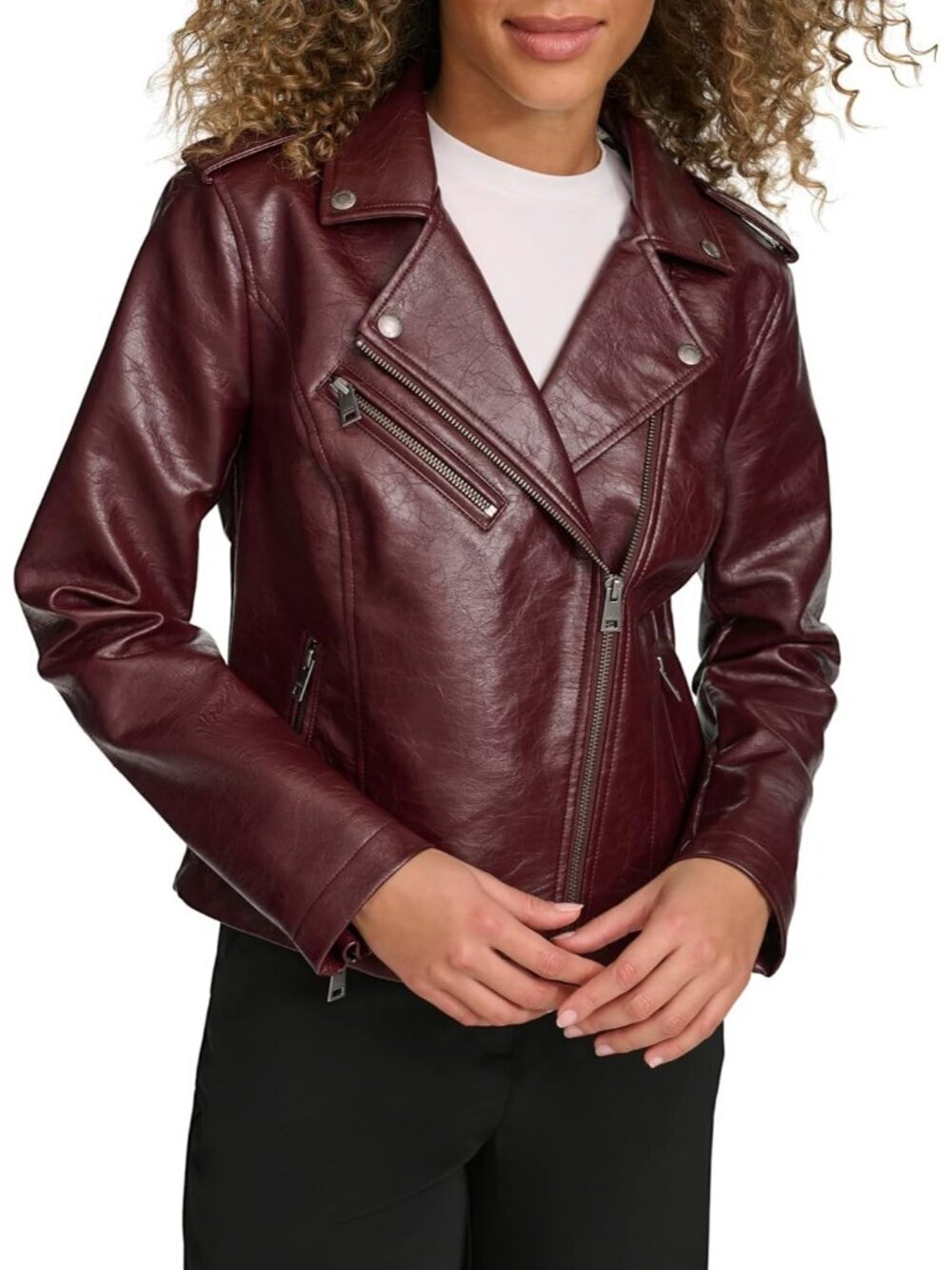Women's Wine Red Polyurethane Classic Stylish Moto Faux Leather Jacket